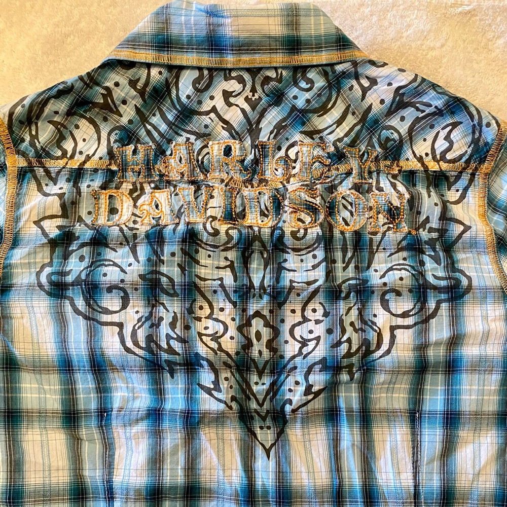 Harley-Davidson Blue Plaid Ladies snap front ShirtSize M